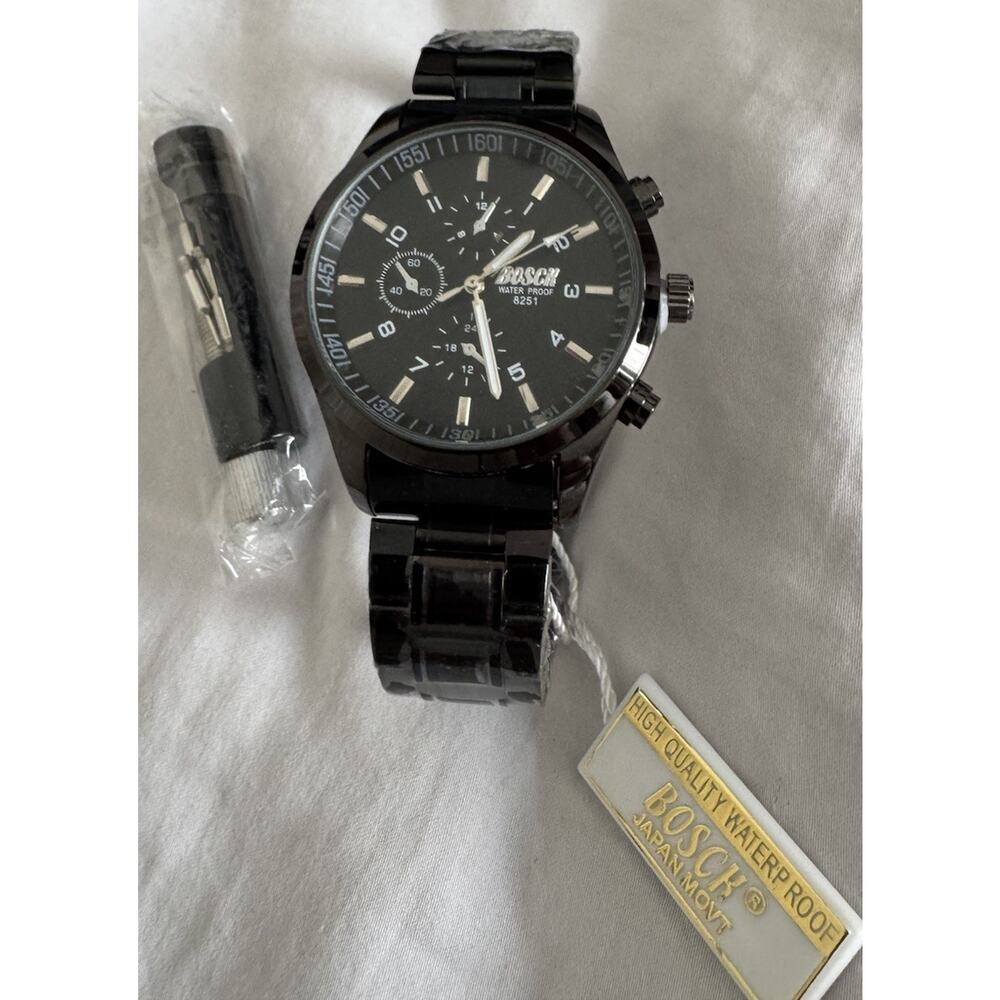 BOSCK Black Stainless Steel Watch Chronograph Style New w/ Sizing Tool Kit - Picture 2 of 9